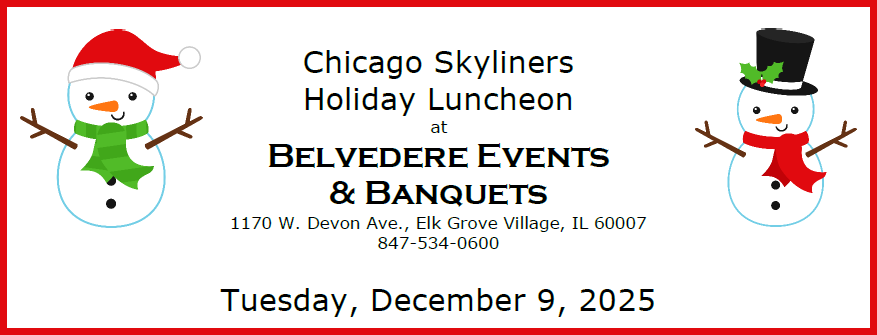 Banner illustration for the 2025 Chicago Skyliners Holiday Luncheon, clicking the banner will download the flyer in Adobe PDF Format